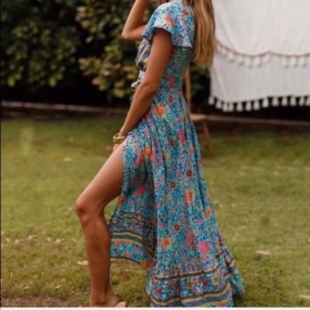 Boho Floral Print true wrap Maxi Dress v neck teal - Picture 2 of 4